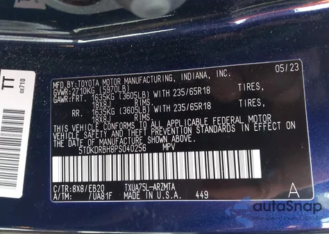 2023 Toyota Highlander Xle из США, поврежденный, VIN 5TDKDRBH8PS040256